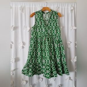 Size Small 100% Cotton Green Geometric Patterned Sleeveless Dress